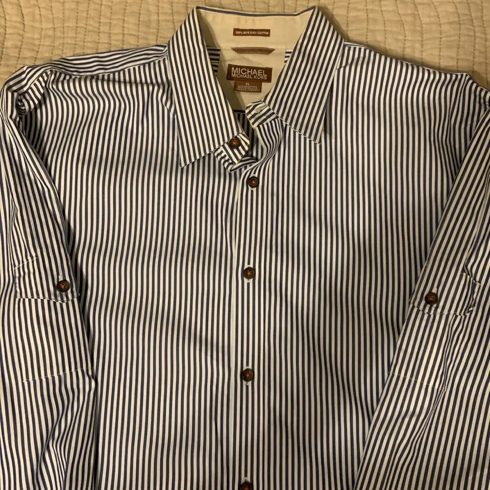 MICHAEL Michael Kors blue and white pinstripes shirt. - Picture 1 of 12